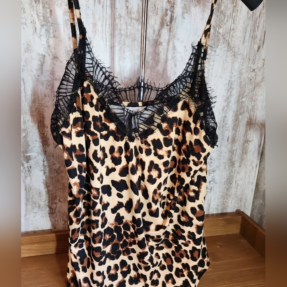 Leopard Print Lace Trim Cami Top